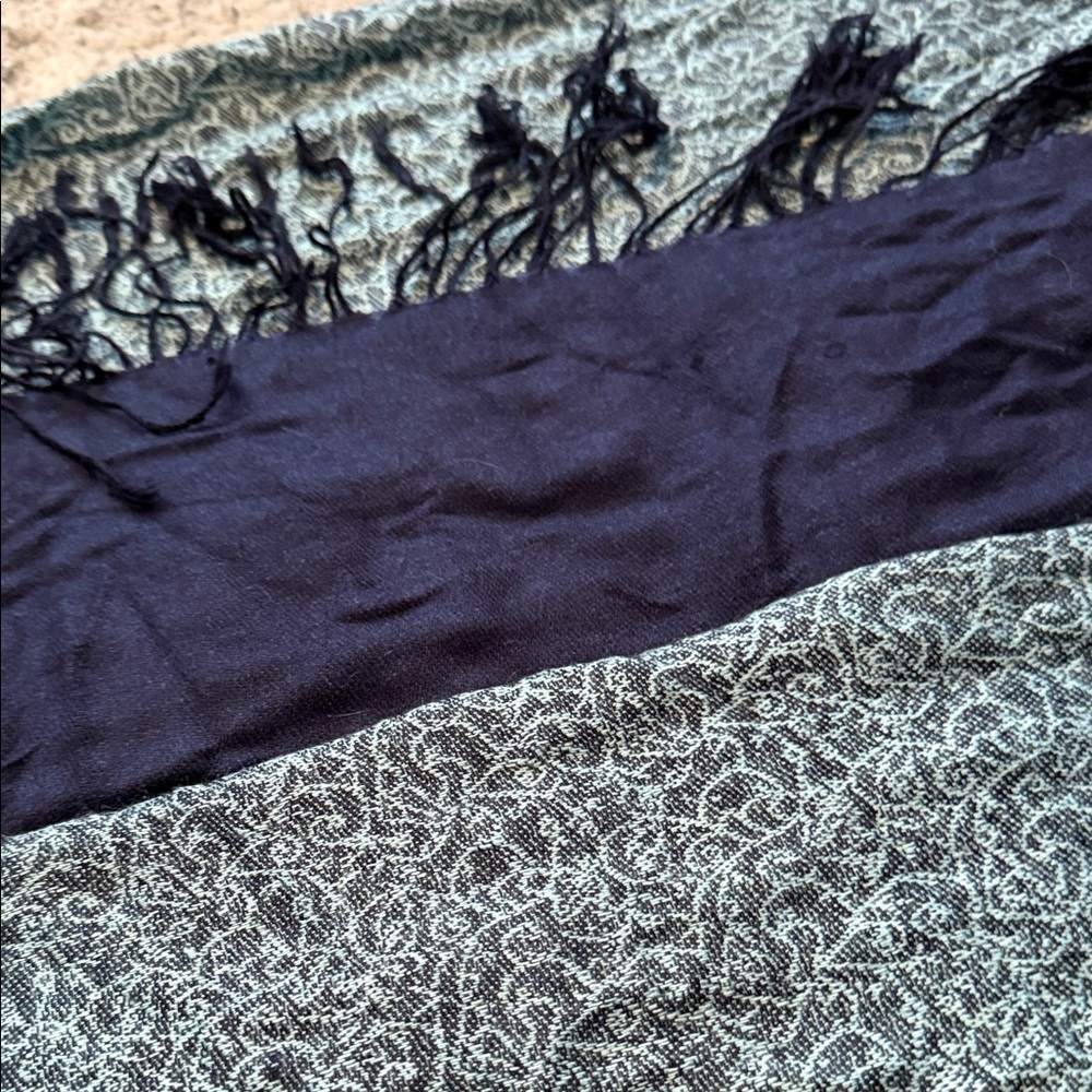 Blue and Green Patterned Scarf Wrap with Fringe